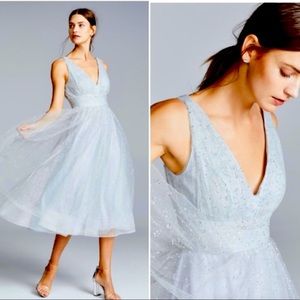 MARCHESA NOTTE Glitter Tulle V-Neck Empire Waist A-Line Silver Dress